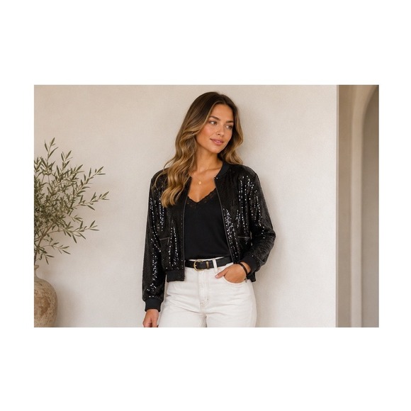 Kensie Jackets & Blazers - Kensie Women's Black Sequin Full Zip Bomber Jacket Size M